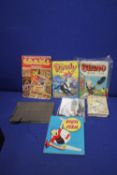 A TRAY CONTAINING AN ALBUM OF OLD TIME FILM STAR PICTURES, DANDY AND BEANO ANNUALS THE 1ST BERYL THE
