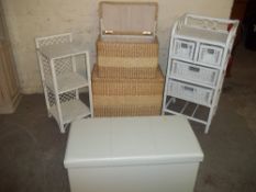 FIVE ITEMS TO INCLUDE STORAGE UNIT, OTTOMAN, BASKETS ETC