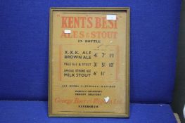 A KENTS BEST ALES AND STOUT PRICE SHOW CARD ADVERTISING SIGN (GEORGE BEER AND RIGDEN LIMITED)