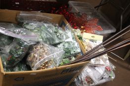 A QUANTITY OF ARTIFICIAL FLOWERS, RIBBON, DECORATIONS ETC