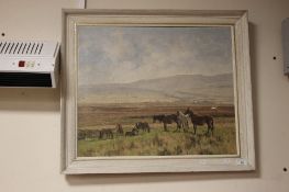 AN OIL ON BOARD SCENE OF GRAZING HORSES SIGNED JENNINGS 72 CM X 62 CM