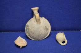 THREE CLAY ITEMS TO INCLUDE A CLAY FLASK WITH C O A