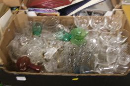A TRAY OF ASSORTED GLASSWARE (TRAY NOT INCLUDED)