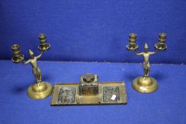 A BRASS INK WELL TOGETHER WITH TWO BRASS CANDLEABRA