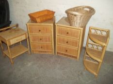 SIX ITEMS TO INCLUDE RATTAN THREE DRAWER CHESTS, A SIDE TABLE ETC