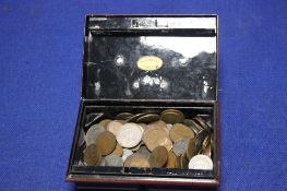 AN OLD FASHIONED SAVINGS BOX NO KEY CONTAINING LARGE QUANTITY OF ENGLISH COINAGE