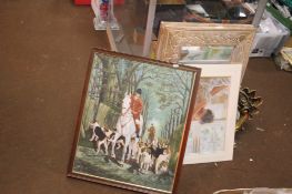 A FOX HUNTING PICTURE UNFRAMED TOGETHER WITH A GILT WOODEN FRAMED MIRROR ETC