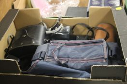 A TRAY OF ASSORTED CAMERAS AND BINOCULARS TO INCLUDE MINOLTA, YASHICA, ETC (TRAY NOT INCLUDED)