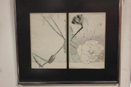 A MODERN 2 PANEL PICTURE OF FLOWERS FRAMED 44 CM X 39 CM