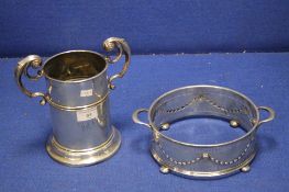 A HALL MARKED SILVER CUP TOGETHER WITH A WHITE METAL ITEM