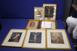 A COLLECTION OF 7 GILT FRAMED PICTURES UNDER GLASS SOME OF WHICH ARE RELIGIOUS