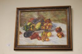 AN OIL ON BOARD SCENE OF FRUIT ON A TABLE 49 CM X 39 CM