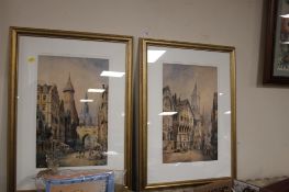 A PAIR OF GILT FRAMED PICTURES UNDER GLASS OF STREET SCENES DATED 1912 AND 1914