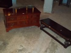 AN OAK LONG SIDE TABLE AND A REPRODUCTION MEDIA TV UNIT ETC