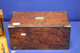 A WALNUT BRASS BOUND WRITING BOX