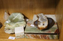 A COLLECTION OF ONYX JEWELLERY BOXES, ASH TRAY ETC