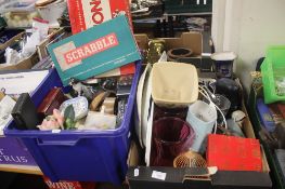 TWO TRAYS OF ASSORTED CERAMICS AND SUNDRIES TO INCLUDE MONOPOLY, SCRABBLE ETC (TRAYS NOT INCLUDED)