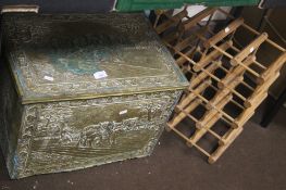 WOODEN WINE RACK WITH A BRASS BOX, CHINA ETC