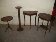 FOUR ITEMS TO INCLUDE A DEMI LUNE, 2 TABLES AND A PLANT STAND