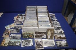 TWO TRAYS OF ASSORTED POSTCARDS AND PHOTOGRAPHS IN MANY HUNDREDS, to include vintage examples from