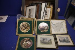 BOX OF 16 FRAMED PICTURES AND PRINTS,some 18th century to include hogarth , Hand coloured maps of