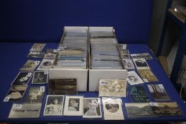 TWO TRAYS OF ASSORTED POSTCARDS AND PHOTOGRAPHS IN MANY HUNDREDS, to include vintage examples from