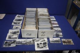 TWO BOXES OF POSTCARDS AND PHOTOGRAPHS IN MANY HUNDREDS, to include Transport including Trains, Cars