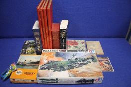 A TRAY OF ASSORTED BOOKS ETC, together with a Tamia US Airforce kit parts not checked etc (TRAY