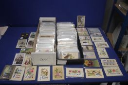 TWO BOXES OF GREETINGS POSTCARDS IN MANY HUNDREDS, to include Edwardian, and 20th century