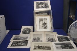 A BOX OF ENGRAVINGS AND PICTURES, to include ship,etc examples by W Miller, G cousen, etc