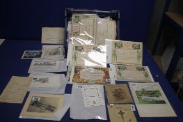 A TRAY OF ASSORTED GREETINGS CARDS AND CERTIFICATES