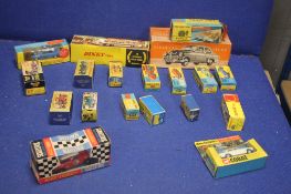 A TRAY CONTAINING VINTAGE BOXED DIECAST VEHICLES, to include Dinky Luxury coach, Corgi Man From