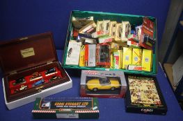 A TRAY OF BOXED AND CARDED ITENS BY CORGI, MAJORETTE, ETC