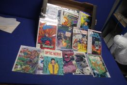 A TRAY OF MISCELLANEOUS COMICS to include Sheena, Open Space, Optic Nerve, Black dog, Herbie, The