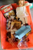A BOX OF ASSORTED VINTAGE MCDONALDS TOYS, DOLLS FURNITURE INCLUDING A BARBIE SOFA, ETC