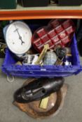 A BOX OF ASSORTED COLLECTABLES TO INCLUDE VINTAGE SCALES, TOGETHER WITH A CARVED TRIBAL MASK AND