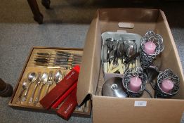 A BOX AND A TRAY OF METALWARE TO INCLUDE AN OLD HALL STAINLESS STEEL TEASET, QUANTITY OF FLATWARE