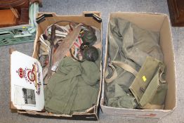 TWO BOXES OF VINTAGE ARMY MEMORABILIA / COLLECTABLES TO INCLUDE A BAYONET ETC