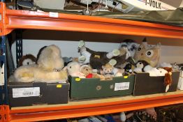 THREE TRAYS OF ASSORTED VINTAGE AND MODERN SOFT TOYS TO INCLUDE A MERRYTHOUGHT GOAT, DOG, TWO OWLS