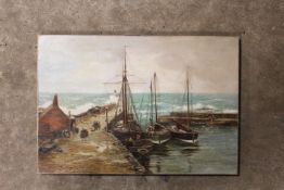 AN OIL ON CANVAS STORMY COASTAL HARBOUR SCENE WITH BOATS AND FIGURES
