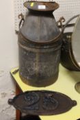 A VINTAGE CAST METAL CHURN / PAIL WITH CARRY HANDLE TOGETHER WITH A CAST IRON PLAQUE - NO 25