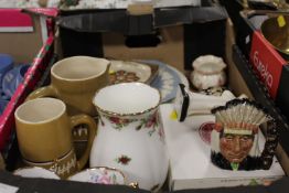 A BOX OF ASSORTED CERAMICS ETC TO INC ROYAL ALBERT OLD COUNTRY ROSES, WEDGWOOD QUEENSWARE ETC