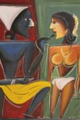 A MODERNIST STYLE FIGURAL FRAMED OIL ON BOARD FROM SRI LANKA