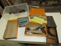 A BOX OF ASSORTED ENGINEERING INSTRUMENTS