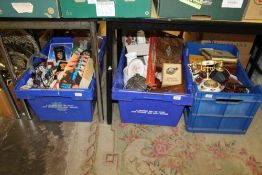 THREE CRATES OF ASSORTED SUNDRIES ETC TO INCLUDE AN OLD COUNTRY ROSES TELEPHONE, WOODEN BOXES,