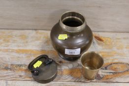 A VINTAGE EASTERN BRASS WATER / SAKE BOTTLE WITH SCREW TOP AND CUP