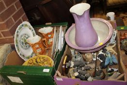 TWO TRAYS OF ASSORTED CERAMICS ETC TO INC A COLLECTION OF CATTLE SERIES PLATES, DRESSING TABLE JUG