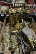 TWO TRAYS OF ASSORTED BRASSWARE TO INCLUDE A PAIR OF TRENCH ART VASES, CANDLESTICKS, SAUCEPANS,