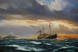 AN OIL ON CANVAS OF A STEAMSHIP AT SEA SIGNED LOWER RIGHT ENTWISTLE