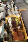 TWO TRAYS OF ASSORTED COLLECTABLES AND FIGURES TO INCLUDE A BOHEMIAN STYLE GLASS VASE, VARIOUS